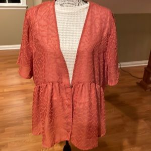 27-Maurice’s textured peplum button front shrug in pumpkin spice color. Size XXL